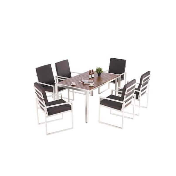 maocao hoom White 7-Piece Metal Outdoor Dining Set with Brown Cushion