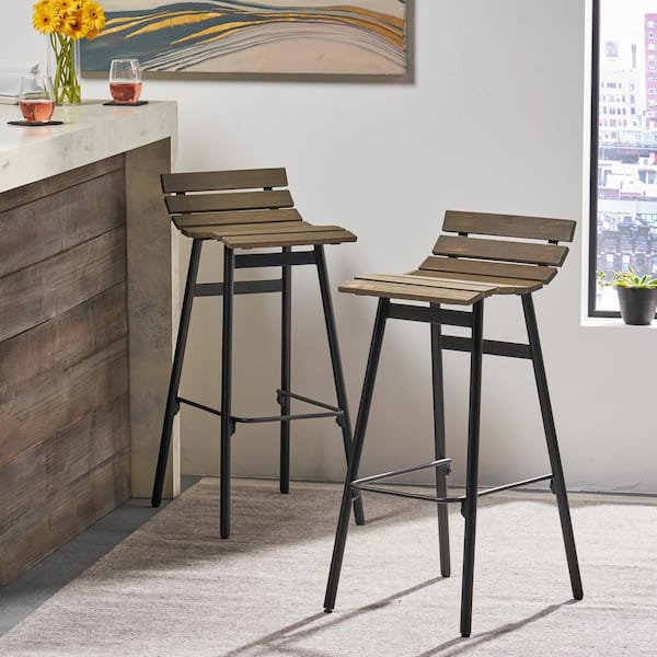 Pepperwood 35 in. Grey and Black Wooden Outdoor Patio Bar Stools (Set of 2)