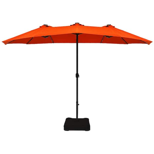 Costway 15 ft. Market Double-Sided Solar Crank 36-Lights Base LED Patio Umbrella in Orange