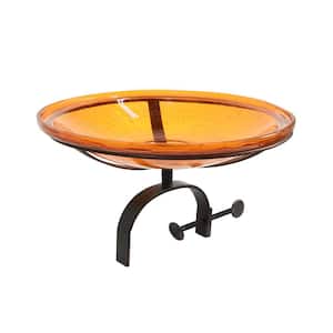 14 in. Dia Mandarin Orange Reflective Crackle Glass Birdbath Bowl with Over Rail Bracket