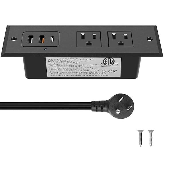 Recessed Power Strip with 20W USB C and Fast Charging USB A Ports Hidden Charging Station with 6FT Flat Plug Black