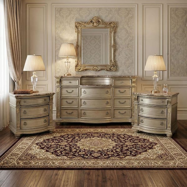 Rilon 3-Piece Gold Champagne 3-Drawer Set of 2 Nightstands and Dresser with Genuine Marble Inset Top