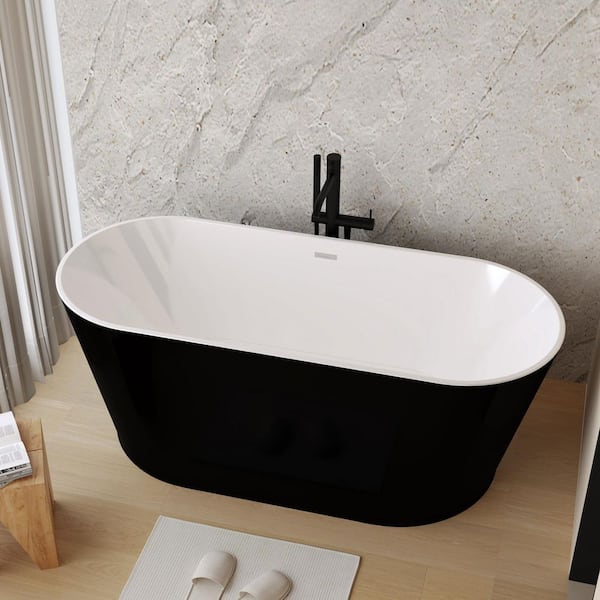 59 in. x 29.5 in. Acrylic Soaking Freestanding Bathtub with Chrome Drain in Glossy Black