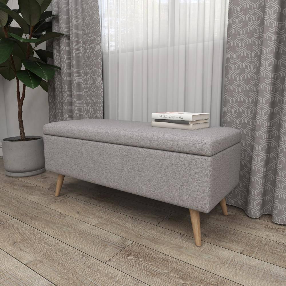 Modern Gray Polyester 42'' Storage Bench with Wooden Legs