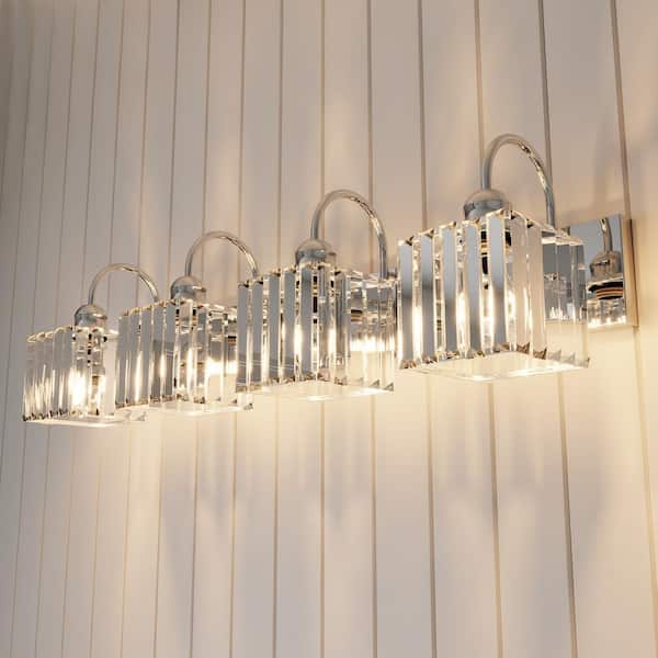 Merrin 32 in. 4-Light Chrome Finish Cubic Crystal Bathroom Vanity Light with Shades