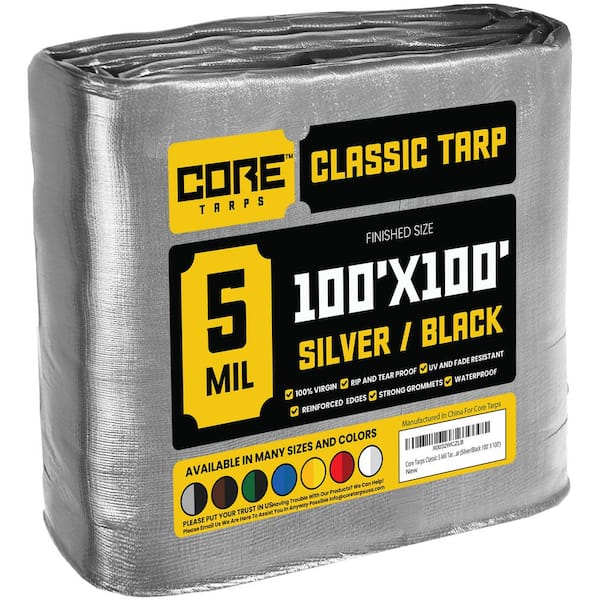 CORE TARPS 100 ft. x 100 ft. Silver/Black 5 Mil Heavy Duty Polyethylene Tarp, Waterproof, UV Resistant, Rip and Tear Proof