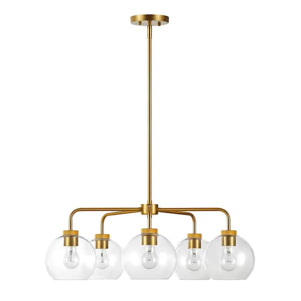 KAWOTI 27.75 in. 5-Light Antique Brass Shaded Chandelier with Bubble Glass Shade