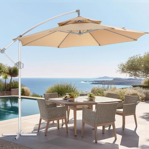 10 ft. Aluminum Offset Easy Tilt and Crank Cantilever Patio Umbrella in Champagne with 2-Tier Top, Cross Base included