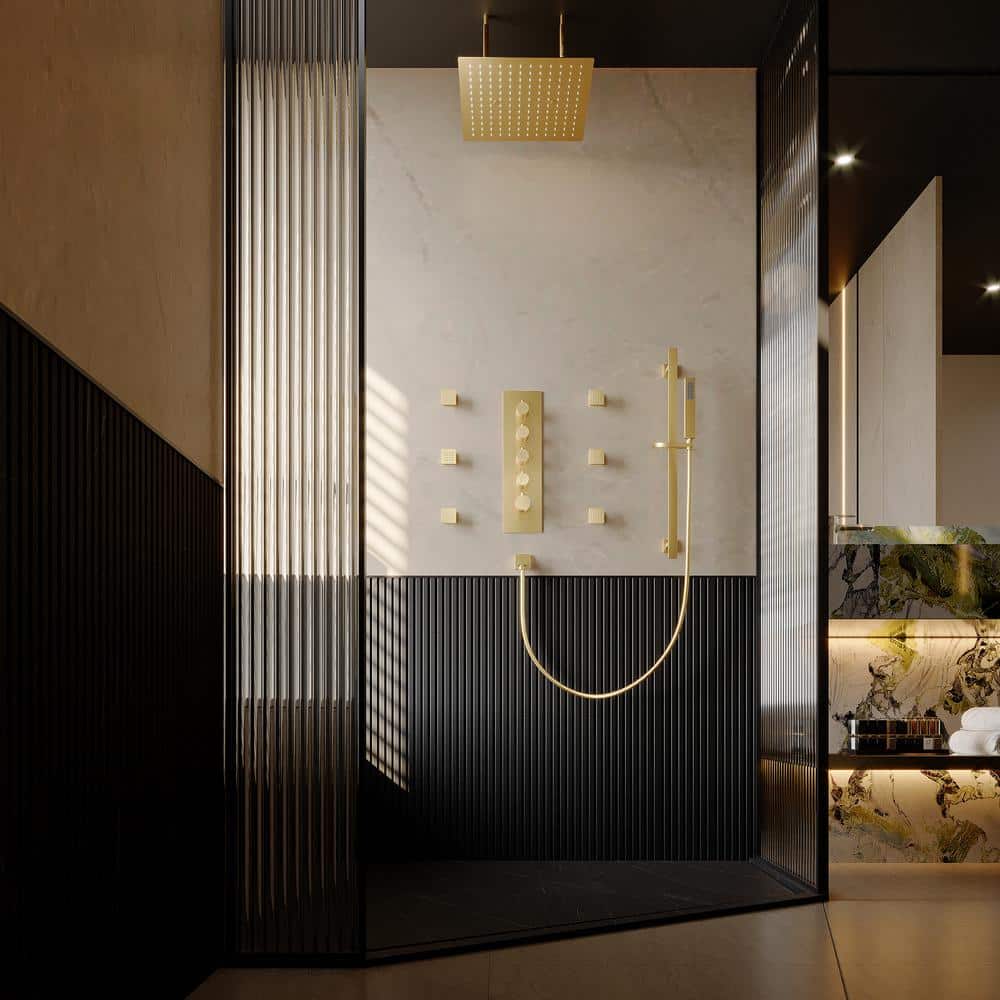 Luxurious Brushed Gold Dual Ceiling Mount Shower System