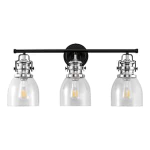 24 in. 3-Light Black and Brushed Nickel Vanity Light with Clear Glass Bell Shades for Bathroom