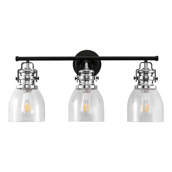 Briignite 24 in. 3-Light Black and Brushed Nickel Vanity Light with Clear Glass Bell Shades for Bathroom