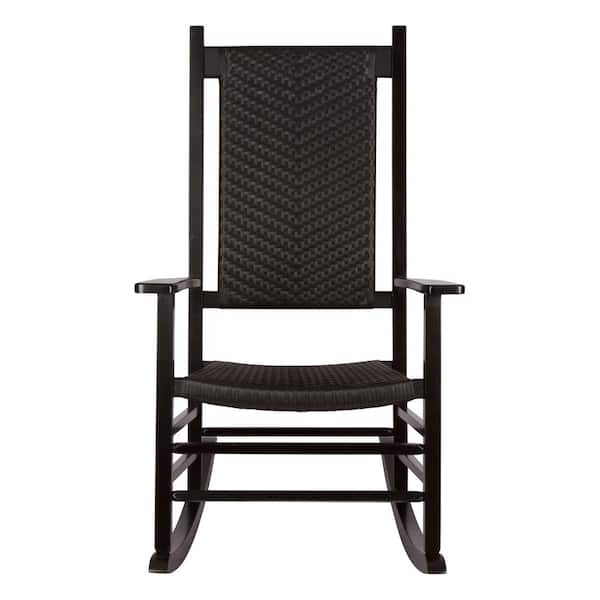 Black Wood Outdoor Rocking Chair Indoor/Outdoor Hampton Porch Rocking Chair w/Rattan Back Support, (Set of 2)
