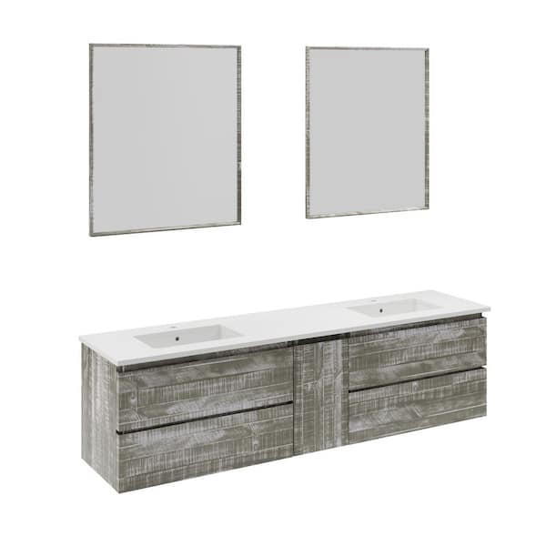 Fresca Formosa 72 in. Double Sink Wall Mount Floating Sage Gray Bath Vanity with White Quartz Top, Ceramic Sinks and Mirrors