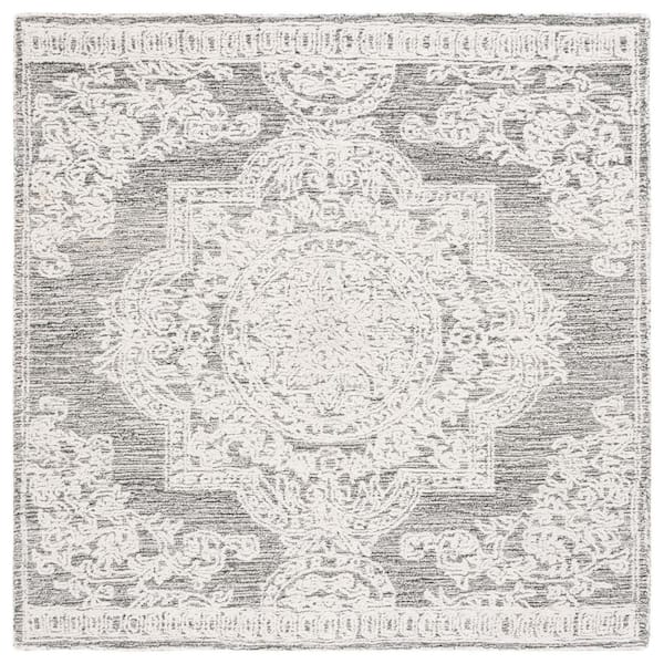 SAFAVIEH Abstract Ivory/Charcoal 6 ft. x 6 ft. Borders Floral Square Area Rug