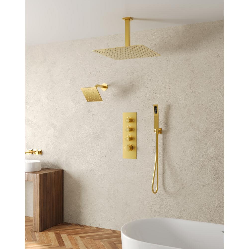Gold Stainless Steel Dual Shower Head System with Thermostatic Valve