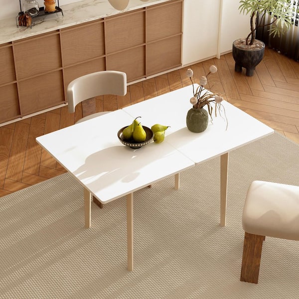 FUFU&GAGA White Wood 31.5-47.2 in. 4-Leg Rectangle Dining Table for 2-4 Seats, Foldable Tabletop and Solid Wood Legs