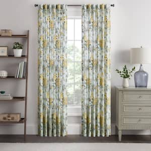 Mudan Blue Bird Cotton Floral 50 in. W x 84 in. L Back Tab Rod Pocket Light Filtering Curtain (Double Panel)