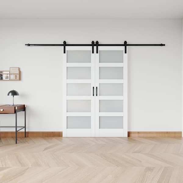 60 in. x 84 in. 5 Lite Tempered Frosted Glass White Primed MDF Wood Sliding Barn Door with Hardware Kit and Soft Close