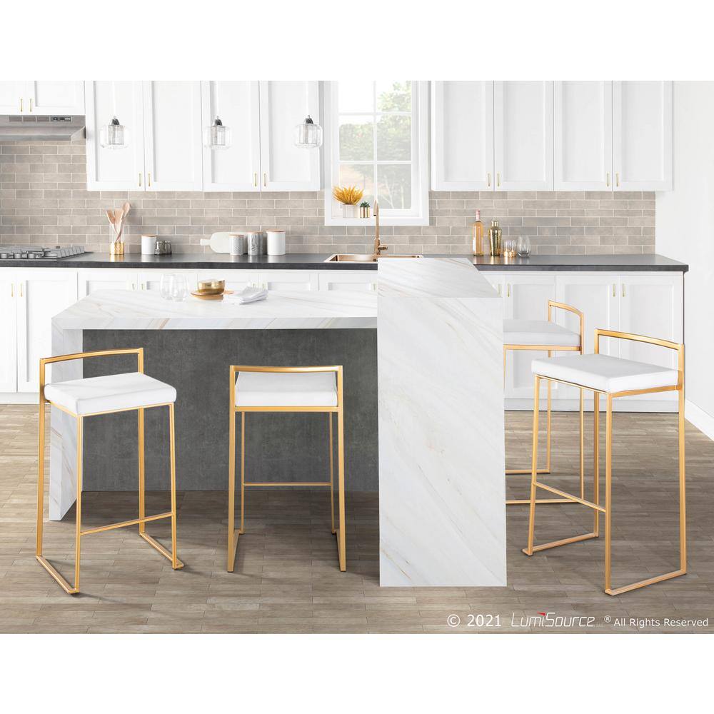 Gold Metal Bar Stools with White Velvet Cushions, Set of 2