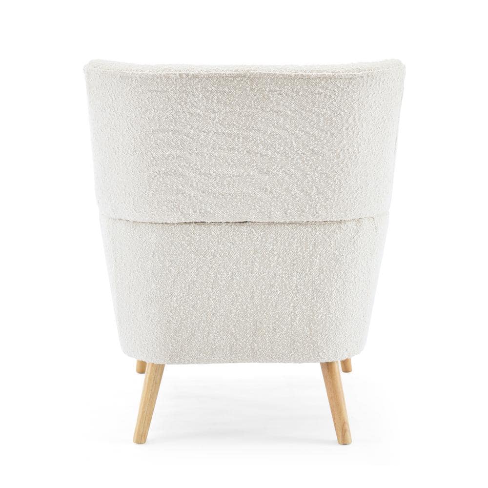 Contemporary White Boucle Upholstered Club Chair with Natural Wood Legs