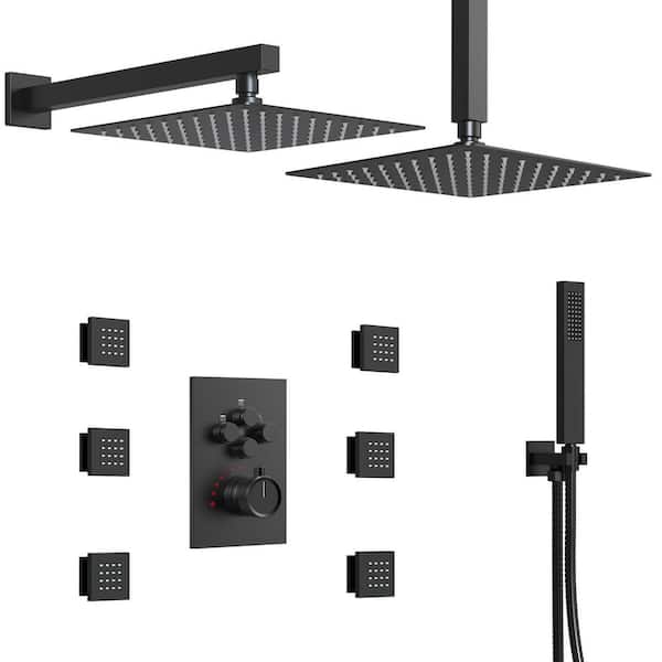 EVERSTEIN Luxury 15-Spray Wall and Ceiling Mount Triple Fixed and Handheld Dual Shower Head with 6-Jets in Brushed Gold