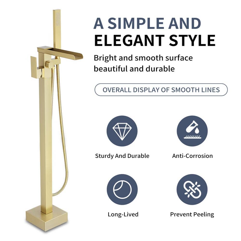 Brushed Gold Freestanding Tub Faucet with Handheld Shower