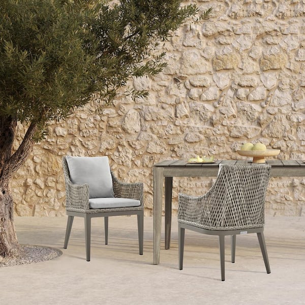 Armen Living Silvana Gray Aluminum Outdoor Dining Chair with Beige Cushions (2-Pack)