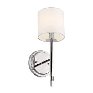 Ali 1-Light Polished Nickel Hallway Wall Sconce Light with White Fabric Shade