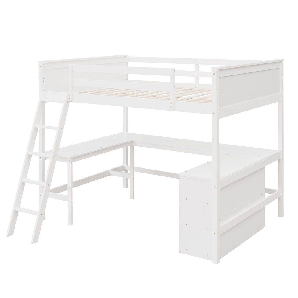 Qualler White Full size Loft Bed With Shelves and Desk - 3