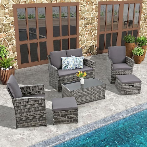 Unbranded 6-Piece Gray Wicker Patio Conversation Set, Outdoor Sectional Furniture with Gray Cushions, 2 Ottomans and Coffee Table