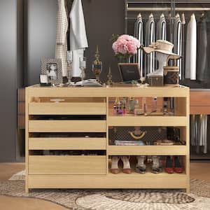 Wood Grain 4-Drawers 55.1 in. W Wooden Dresser without Mirror Jewelry Armoire with Glass Top Surface and 3 Glass Shelves