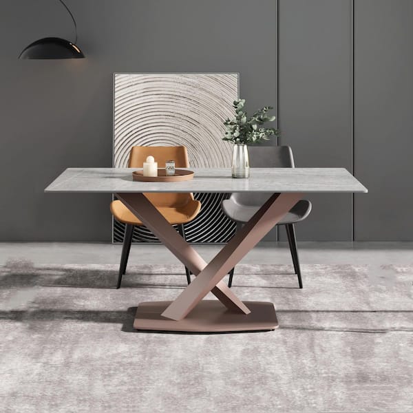 Magic Home 63 in. Sintered Stone Gray Rectangle Top Cross Legs Cross Purple Carbon Steel Base Dining Table (6 Seats)