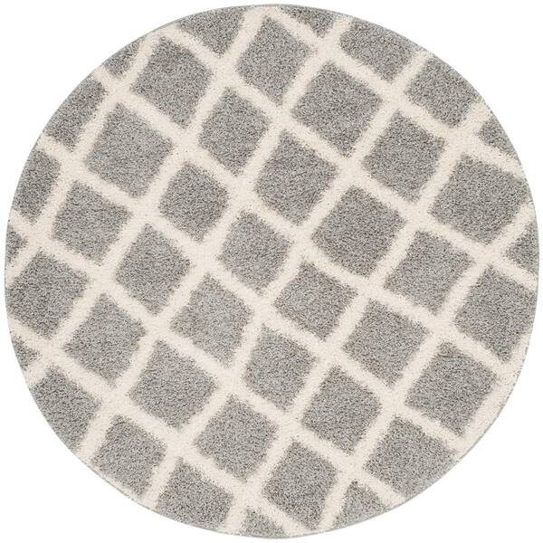 SAFAVIEH Dallas Shag Gray/Ivory 6 ft. x 6 ft. Round Multi-Diamonds Geometric Area Rug