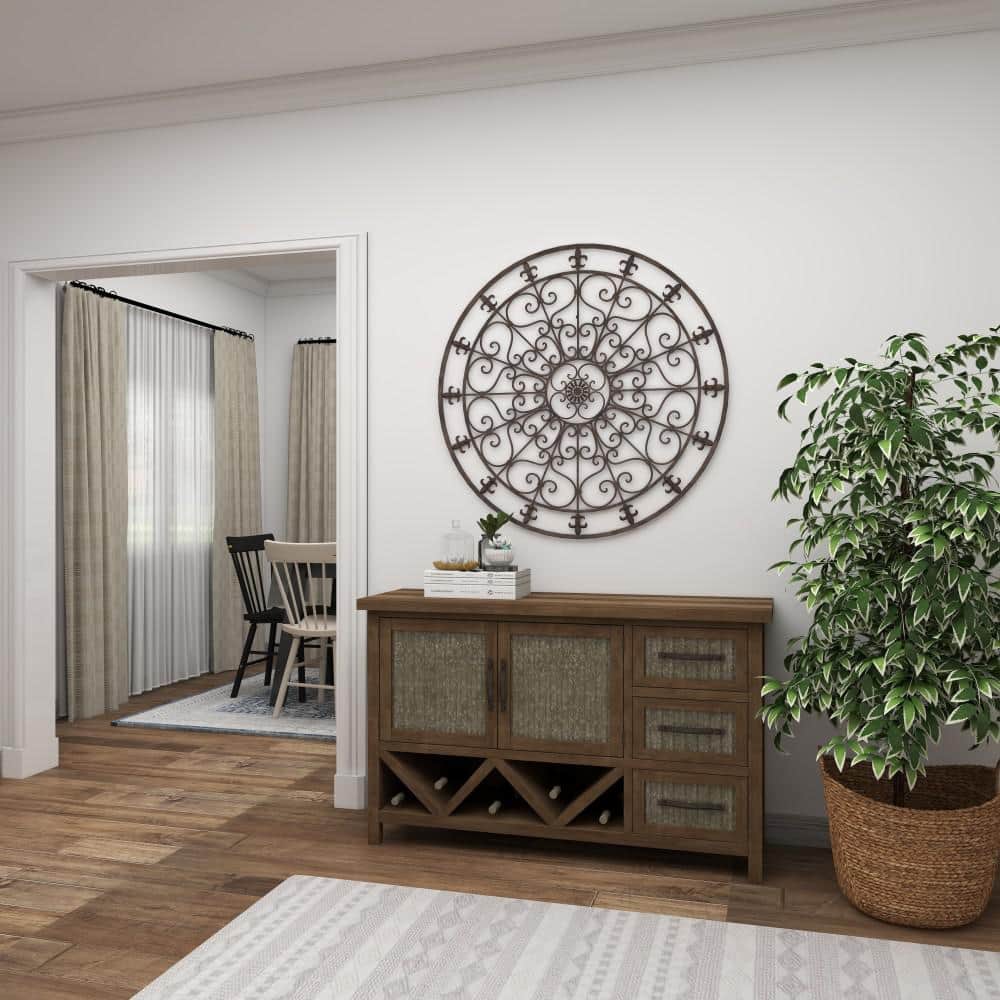 Black Iron Scrollwork and Fleur De Lis Round Wall Sculpture