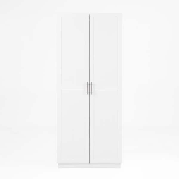 Modern White Wood 29.9 in. Pantry Cabinet with Adjustable Shelves & Retractable Panels