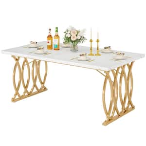 Adan Faux Marble White Wooden 63 in. Trestle Rectangle Dining Table Seats 6 with Gold Geometric Legs