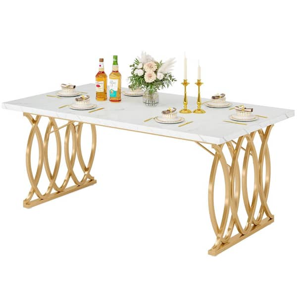 TRIBESIGNS WAY TO ORIGIN Adan Faux Marble White Wooden 63 In Trestle Rectangle Dining Table