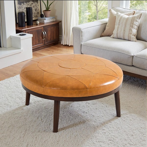 Brown Leather Round Ottoman (Set of 1)
