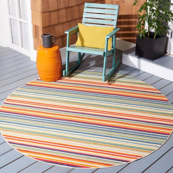 Cabana Ivory/Green 3 ft. x 3 ft. Striped Indoor/Outdoor Round Area Rug