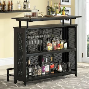Walter 47.2 in. Black Wood Home Bar Unit, 3-Tier Liquor Bar Table with Stemware Racks and Wine Storage Shelves