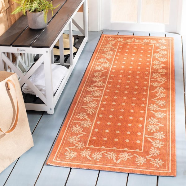 Courtyard Rust/Sand 2 ft. x 7 ft. Floral Indoor/Outdoor Patio  Runner Rug