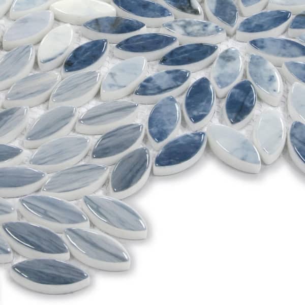 Flower Blue Mixed 13.6 in. x 11 in. Glossy Recycled Glass Marble Looks Floor and Wall Mosaic Tile (5 sq. ft. /Case)