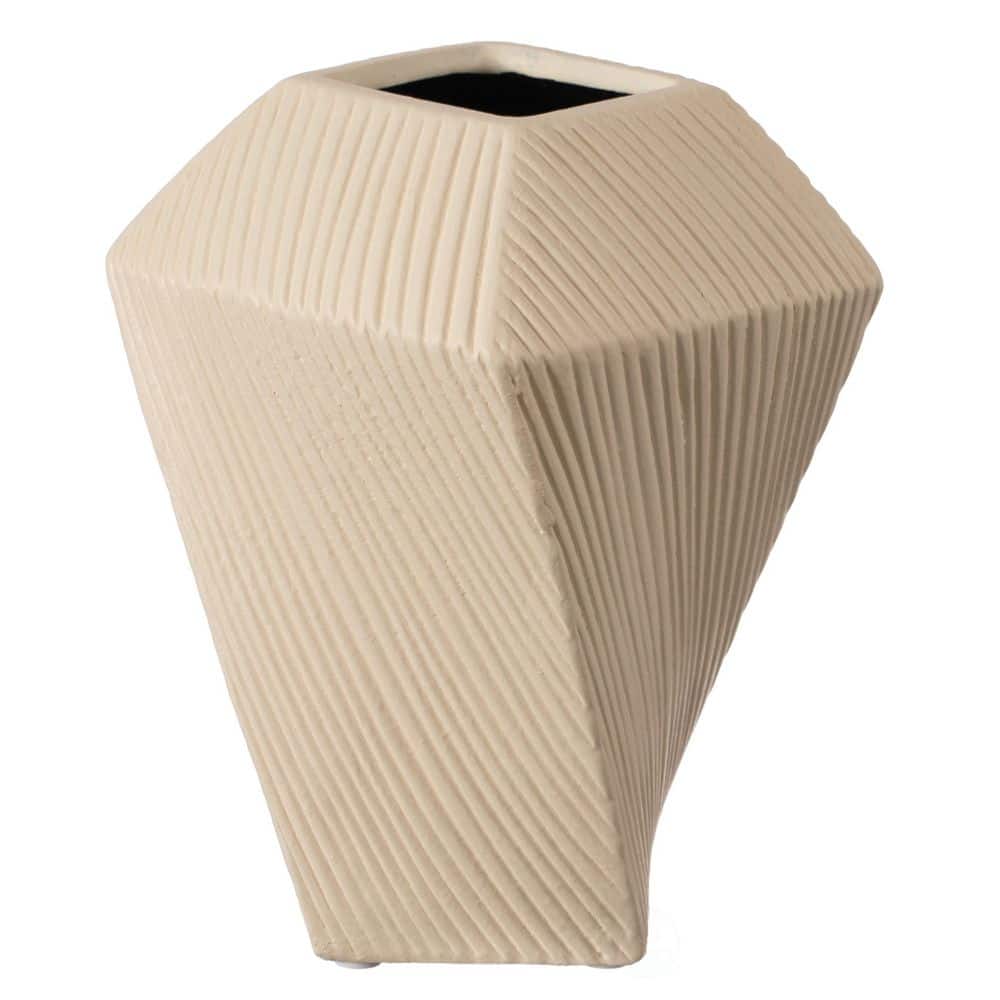 Elegant Beige Ceramic Square Twisted 10" Table Vase