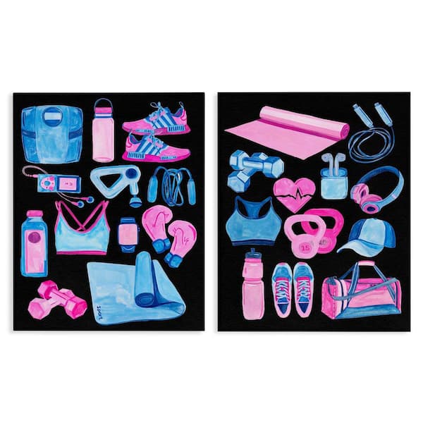 Exercise Gear Pink and Blue by Melissa Wang 2 Pieces Unframed Sports Graphic Art Print 30 in. x 24 in.