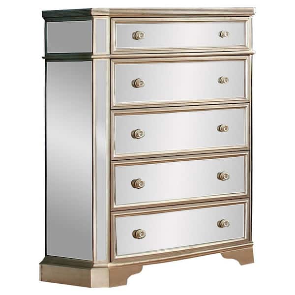 5 Drawer Silver Gold Mirrored Chest, Wood And Mirrored Dresser