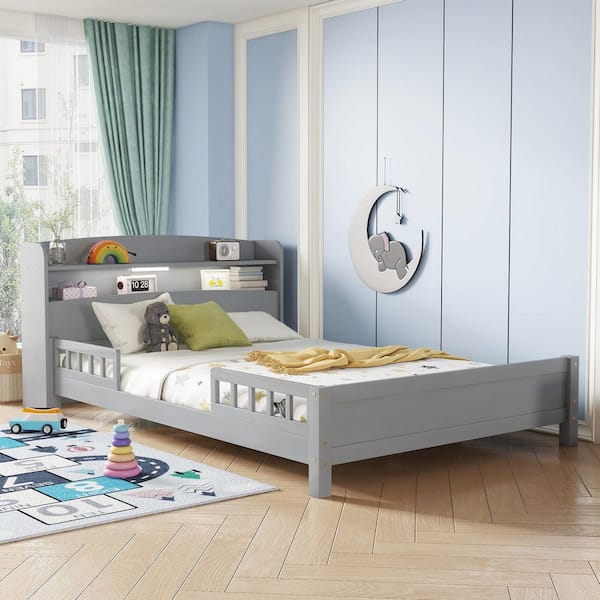BED j.w FORD ミラーリング anpport Gray Wood Frame Full Platform Bed with Bookcase