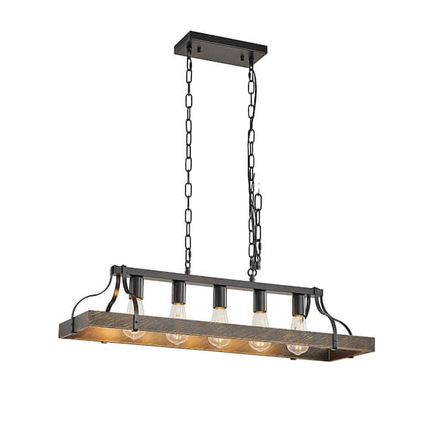 Staykiwi 5 Light Black and Gold Industrial Farmhouse Island Chandelier with Adjustable Chain Height (Bulbs Not Included)