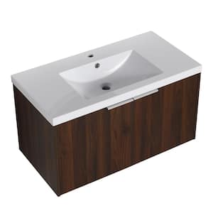 FINE 35.4 in. W x 18.1 in. D x 19.8 in. H Single Sink Wall Mount Bath Vanity in Walnut with White Gel Acrylic Top Sink
