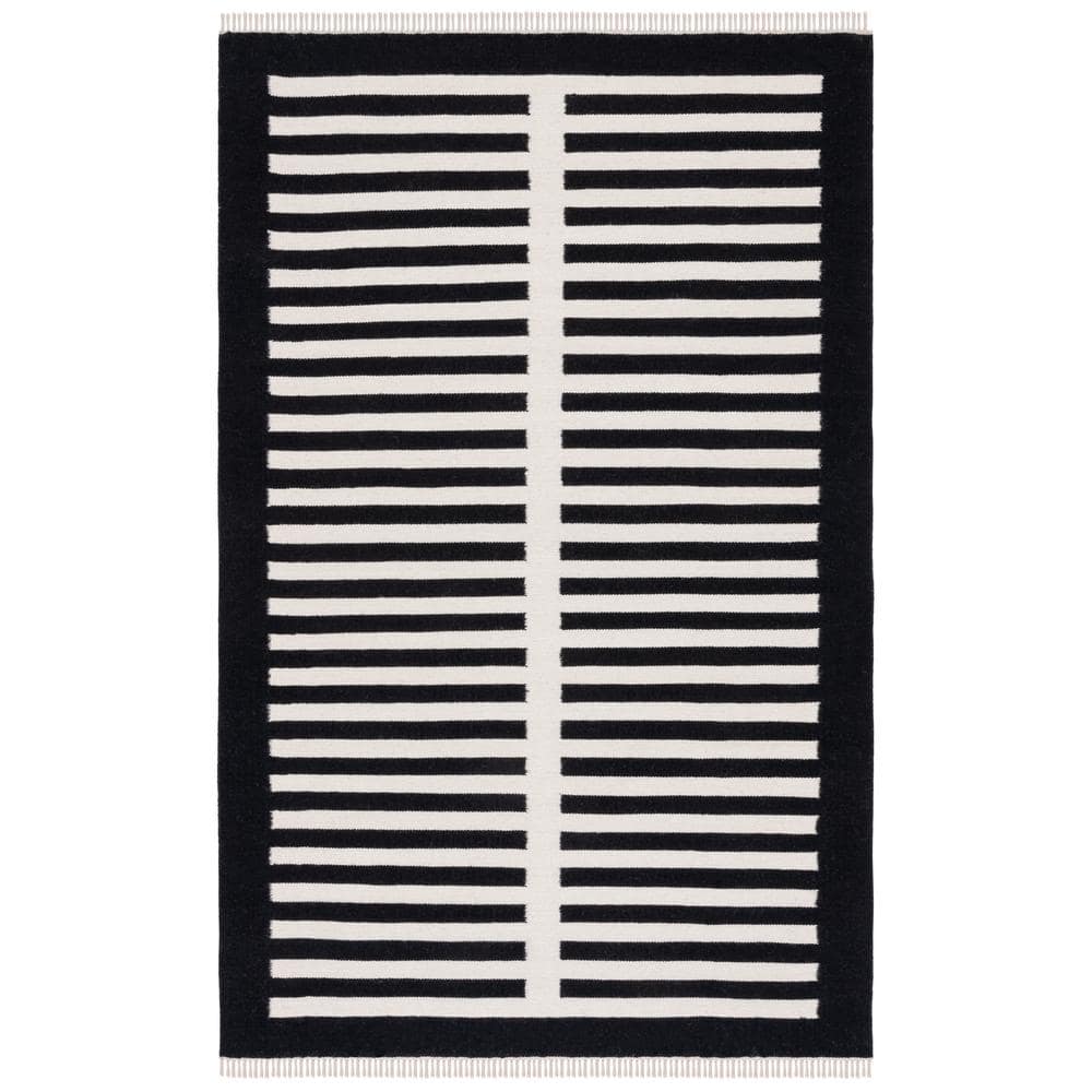 Handmade Black and Ivory Wool Striped 4' x 6' Area Rug