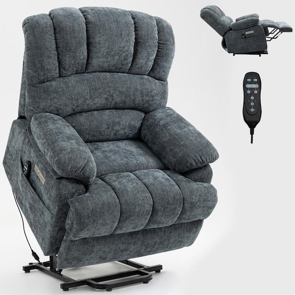 sumyeg 40 in. W Blue Gray Oversize Chenille Power Lift Recliner Chair with Massage and Heating